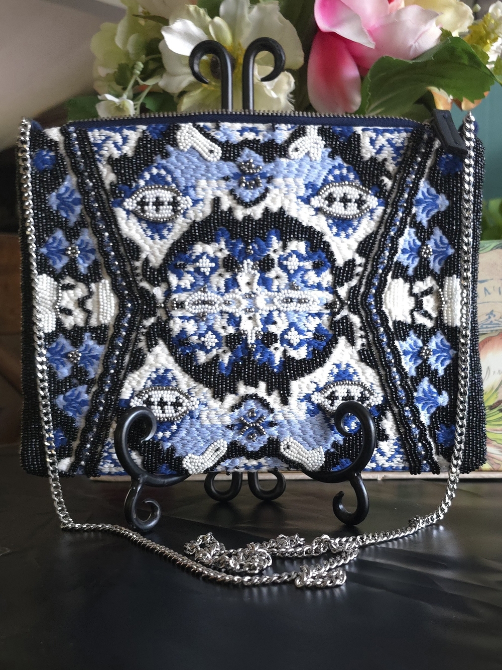 Chico's Beaded Blue & Black Crossbody Evening Bag